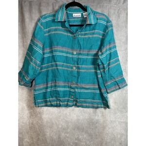 BIRCH HILL‎ Teal Boho Stripe Button-Up CUFFS LINEN Shirt Blouse Top Size L